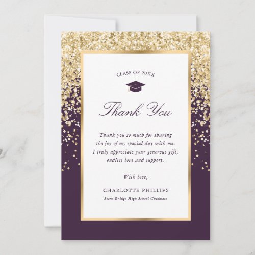 Elegant Purple Gold Photo Graduation Thank You Card