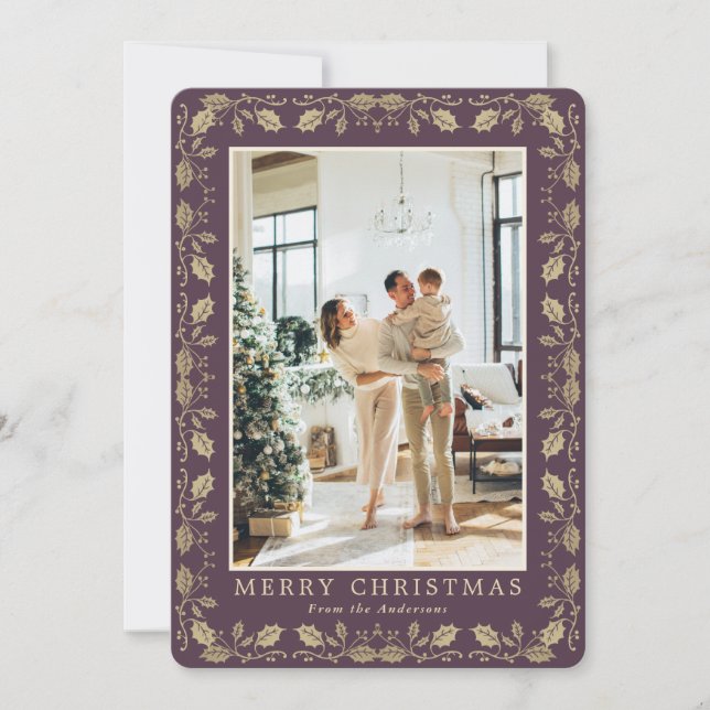 Elegant Purple Gold Photo Merry Christmas Card (Front)