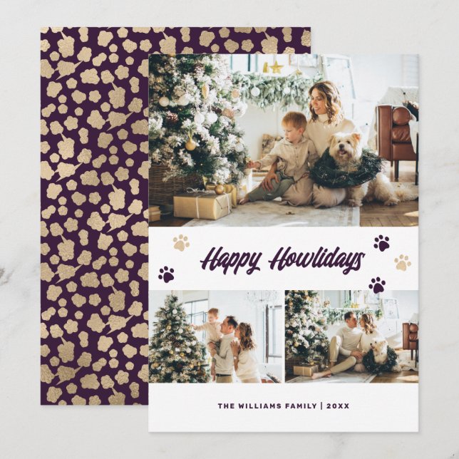 Elegant Purple Gold Photo Pet Owner Holiday Card (Front/Back)