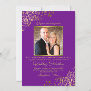 Elegant Purple & Gold Photo & QR Code Wedding Invitation