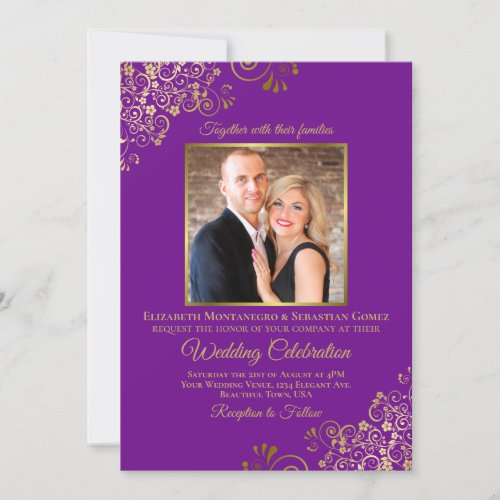 Elegant Purple  Gold Photo  QR Code Wedding Invitation