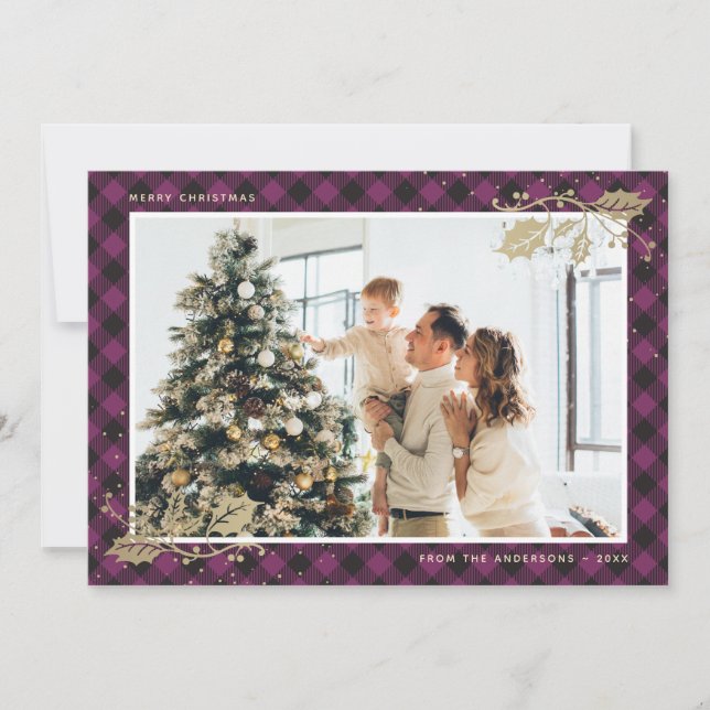 Elegant Purple Gold Plaid Photo Christmas Card (Front)