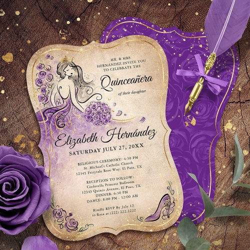 Elegant Purple Gold Princess Quinceanera Birthday Invitation