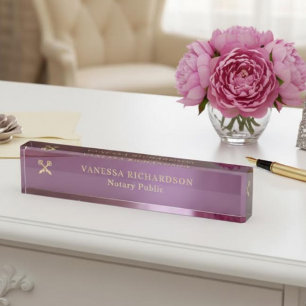 Elegant Purple Gold Professional Pen Logo Notary  Desk Name Plate
