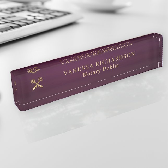Elegant Purple Gold Professional Pen Logo Notary  Desk Name Plate (Creator Uploaded)