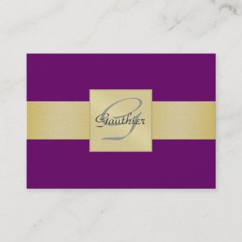 Elegant Purple Gold Ribbon Monogram Business Card by TheInspiredEdge at Zazzle