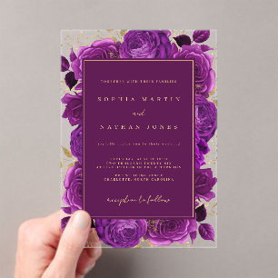 Elegant Purple Gold Rose Clear Wedding Acrylic Invitations