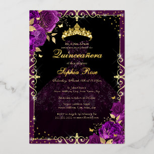 Elegant Purple Gold Rose Dress Quinceanera Foil Invitation
