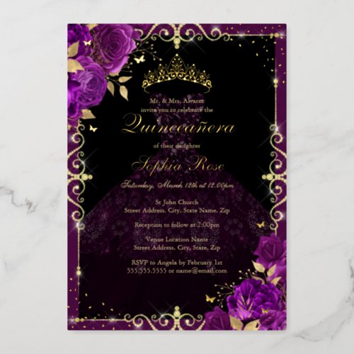 Elegant Purple Gold Rose Dress Quinceanera Foil Invitation