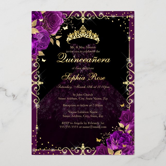 Elegant Purple Gold Rose Dress Quinceanera Foil Invitation (Front)
