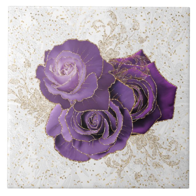 Elegant Purple Gold Rose Floral Ceramic Tile (Front)