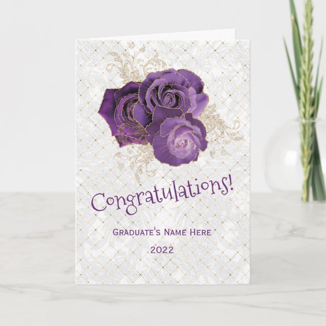 Elegant Purple Gold Rose Floral Graduation Card (Front)