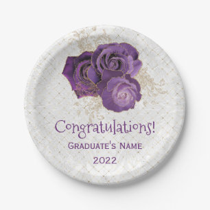 Elegant Purple Gold Rose Floral Graduation Paper Plates