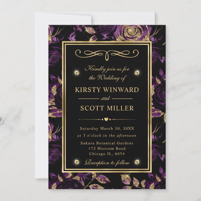 Elegant Purple & Gold Rose Floral Pattern Wedding Invitation (Front)