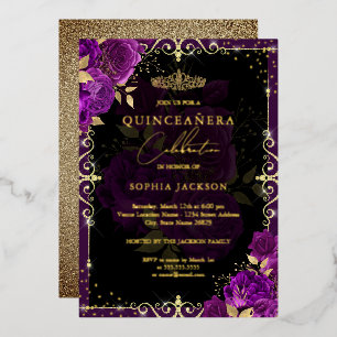 Elegant Purple Gold Rose Quinceanera Foil Invitation