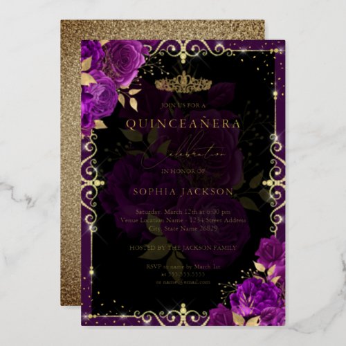 Elegant Purple Gold Rose Quinceanera  Foil Invitation