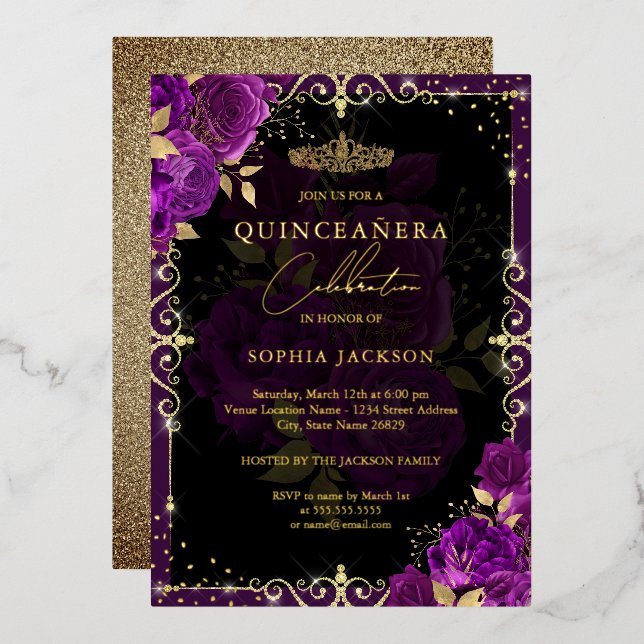 Elegant Purple Gold Rose Quinceanera  Foil Invitation (Front/Back)