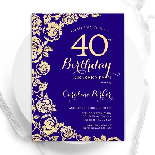 Elegant Purple Gold Roses 40th Birthday Invitation