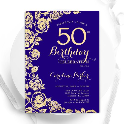 Elegant Purple Gold Roses 50th Birthday Invitation