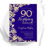 Elegant Purple Gold Roses 90th Birthday Invitation<br><div class="desc">Purple Gold Floral 90th Birthday Party Invitation. Elegant design featuring roses,  faux gold foil and typography script font. Trendy invite card perfect for a stylish female bday celebration. Can be customized to any age. Printed Zazzle invitations or instant download digital printable template.</div>