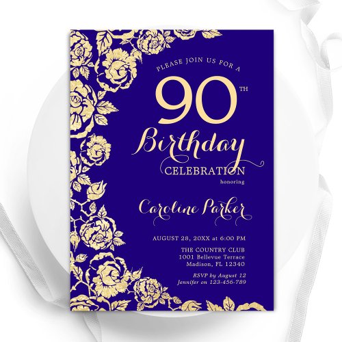 Elegant Purple Gold Roses 90th Birthday Invitation