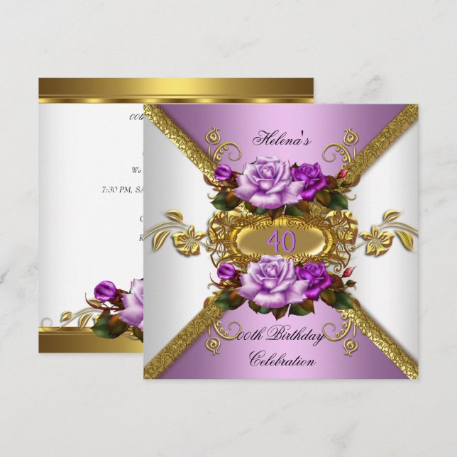 Elegant Purple Gold Roses Birthday Party Invitation (Front/Back)