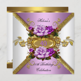 Elegant Purple Gold Roses Birthday Party Invitation