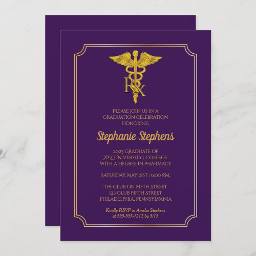 Elegant Purple  Gold Rx Pharmacy Graduation Party Invitation