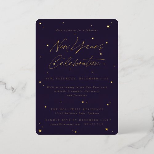 Elegant PurpleGold Scattered Stars New Year Party Foil Invitation
