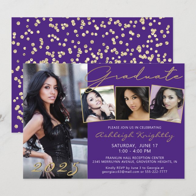 Elegant Purple Gold Script 4 Photo Graduate Invitation (Front/Back)