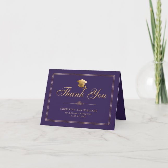 Elegant Purple Gold Script Cap Graduation Thank You Card (Front)