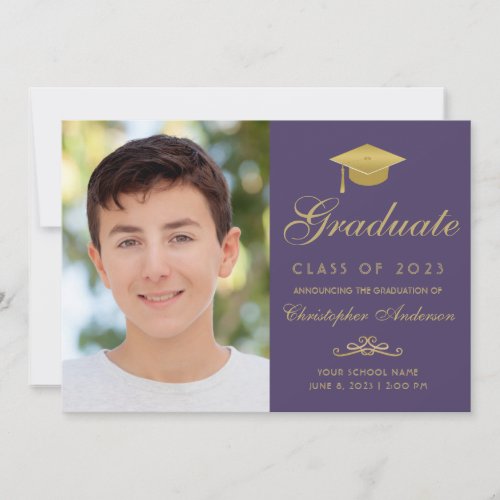 Elegant Purple Gold Script Cap Photo Graduation Announcement