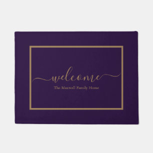 Elegant purple gold script family name welcome doormat