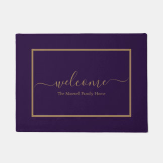 Elegant purple gold script family name welcome doormat