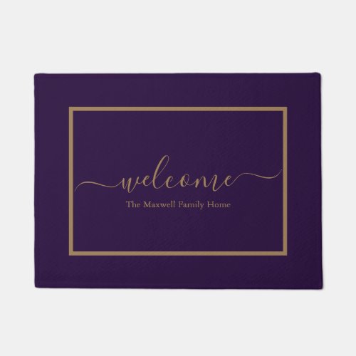 Elegant purple gold script family name welcome  doormat