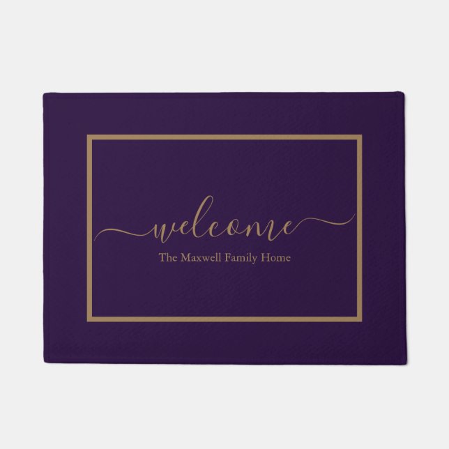 Elegant purple gold script family name welcome  doormat (Front)