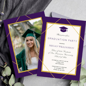 Elegant Purple Gold Script Graduation Party Invitation by invitations_kits at Zazzle