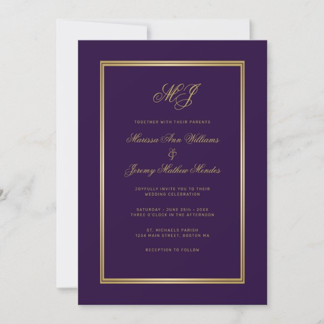 Elegant Purple Gold Script Monogram Wedding Invitation (Front)
