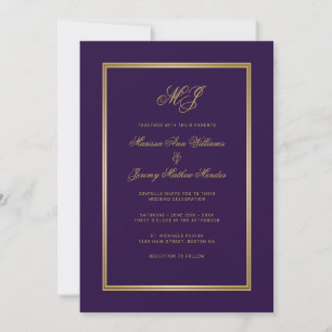 Elegant Purple Gold Script Monogram Wedding Invitation