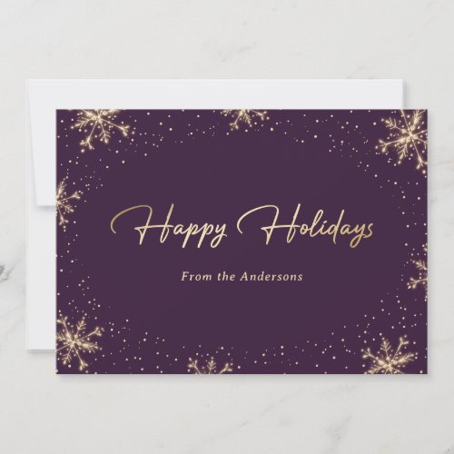 Elegant Purple Gold Script Snowflake Holiday Card