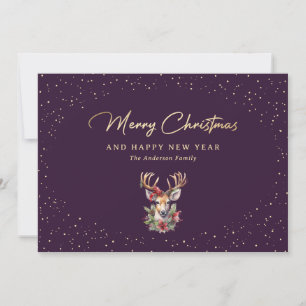 Elegant Purple Gold Snow Reindeer Merry Christmas Holiday Card