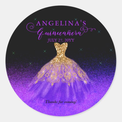 Elegant Purple  Gold Spanish Gown Quinceaera Classic Round Sticker