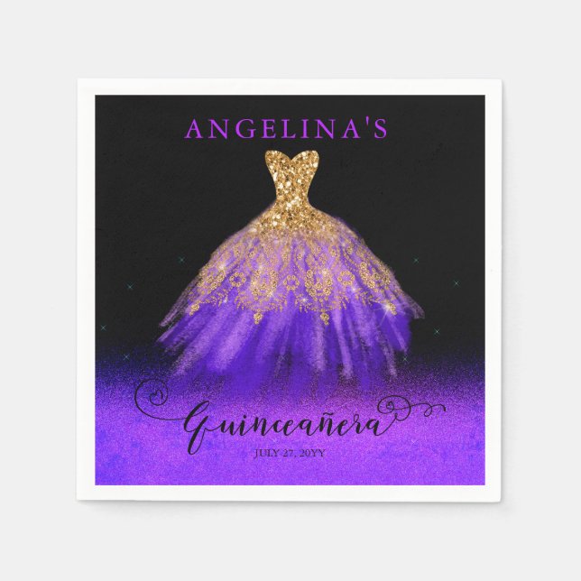 Elegant Purple | Gold Spanish Gown Quinceañera  Napkins (Front)