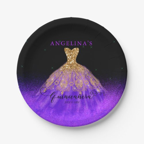 Elegant Purple  Gold Spanish Gown Quinceaera Pap Paper Plates