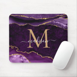 Elegant Purple Gold Sparkle Agate Geode Monogram Mouse Pad