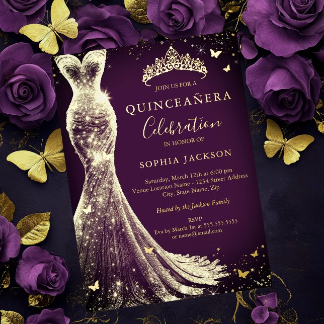 Elegant Purple Gold Sparkle Butterfly Quinceanera Foil Invitation (Creator Uploaded)
