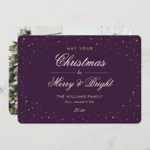 Elegant Purple Gold Stars Photo Christmas Holiday Card
