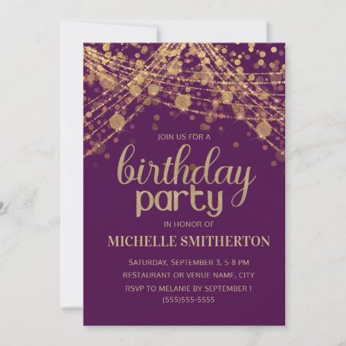 Elegant Purple Gold String Lights Birthday Invitat Invitation