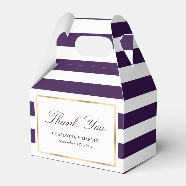 Elegant Purple Gold Stripes Wedding Thank You Favor Boxes (Front Side)
