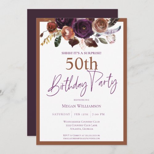 Elegant Purple Gold Surprise 50th Birthday Party Invitation